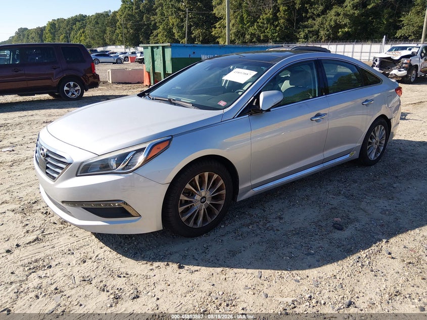 2015 Hyundai Sonata, Левый зад, IAAI, VIN 5NPE34AF4FH024062 — фото 2