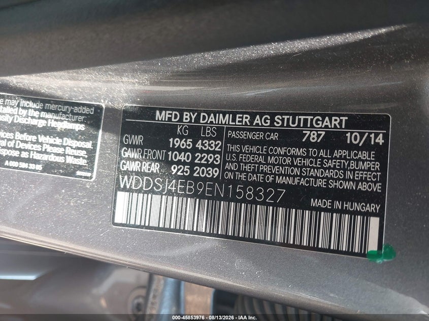 MERCEDES-BENZ CLA 250 2014 VIN WDDSJ4EB9EN158327