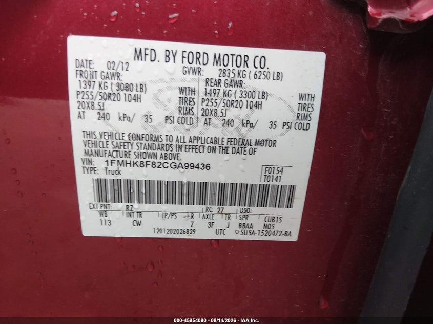 FORD EXPLORER 2012 VIN 1FMHK8F82CGA99436