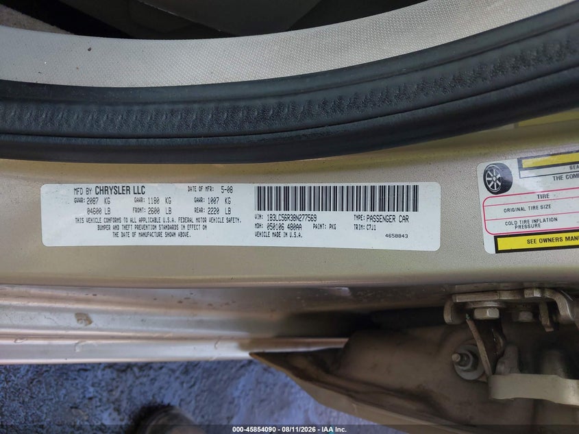 2008 DODGE AVENGER SEDAN 2.7L V-6 DOHC, 189HP