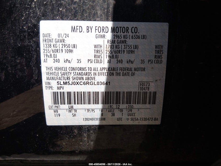 LINCOLN AVIATOR 2024 VIN 5LM5J0XC6RGL03641