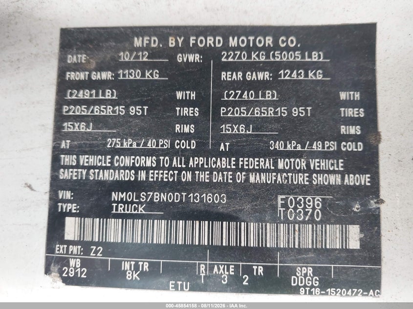 2013 FORD TRANSIT VAN 2.0L I-4 DOHC, 136HP