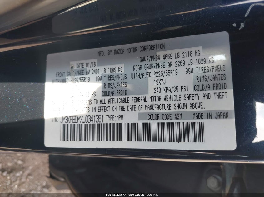 MAZDA CX-5 2018 VIN JM3KFBDMXJ0341351