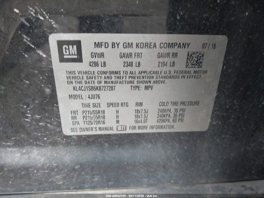 BUICK ENCORE 2019 VIN KL4CJ1SB6KB727207