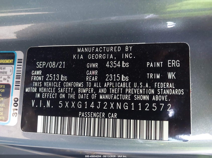 KIA K5 2022 VIN 5XXG14J2XNG112572