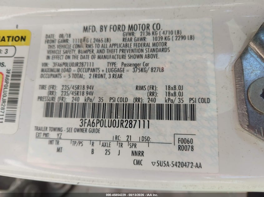 2018 FORD FUSION SEDAN 2.0L I-4 DOHC, VVT, 141HP