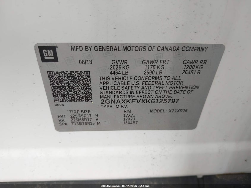 CHEVROLET EQUINOX 2019 VIN 2GNAXKEVXK6125797