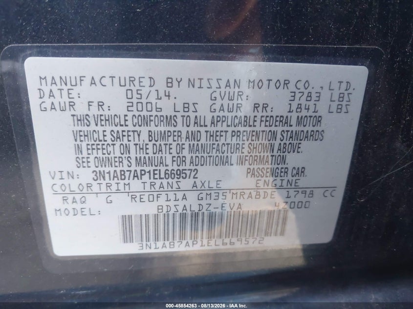 2014 NISSAN SENTRA SEDAN 1.8L I-4 DOHC, VVT, 130HP