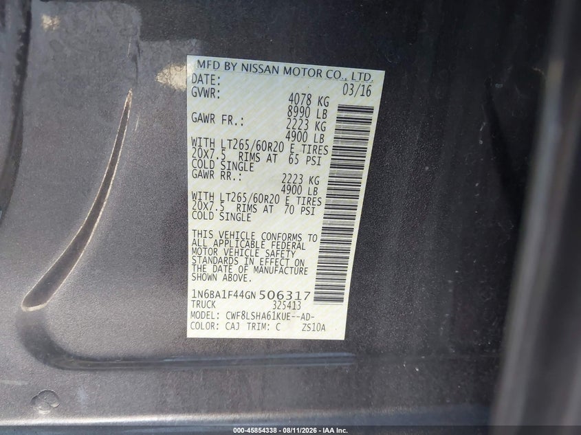 NISSAN TITAN XD 2016 VIN 1N6BA1F44GN506317