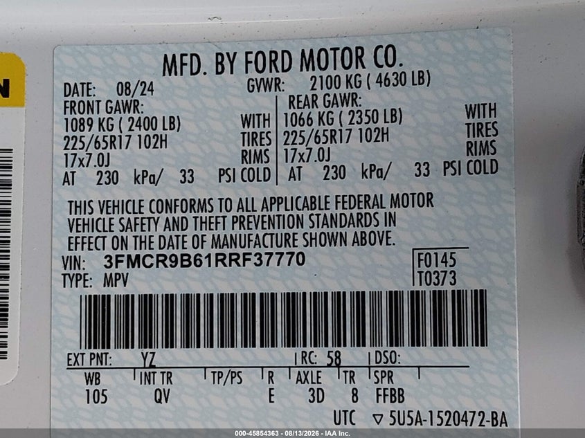 FORD BRONCO SPORT 2024 VIN 3FMCR9B61RRF37770