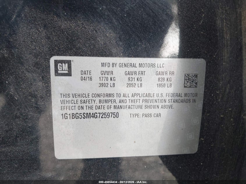 CHEVROLET CRUZE 2016 VIN 1G1BG5SM4G7259750