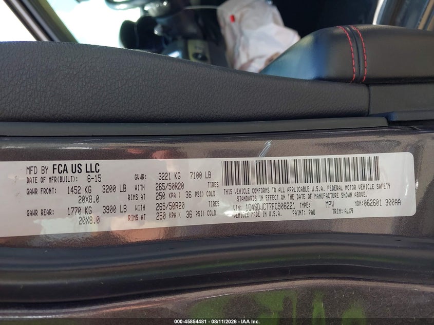 DODGE DURANGO 2015 VIN 1C4SDJCT7FC908221
