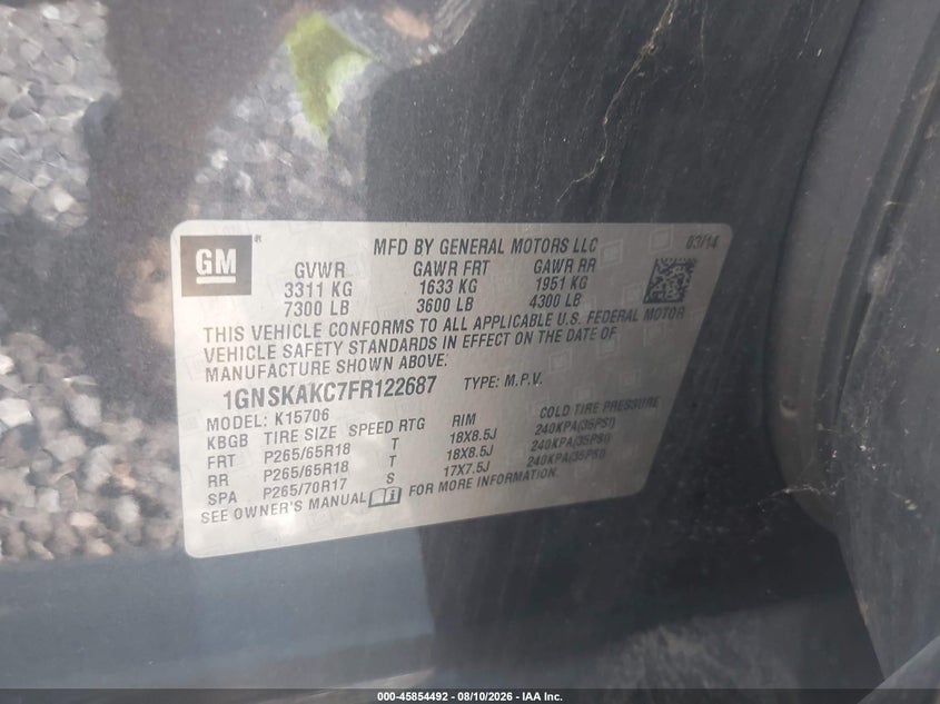 CHEVROLET TAHOE 2015 VIN 1GNSKAKC7FR122687