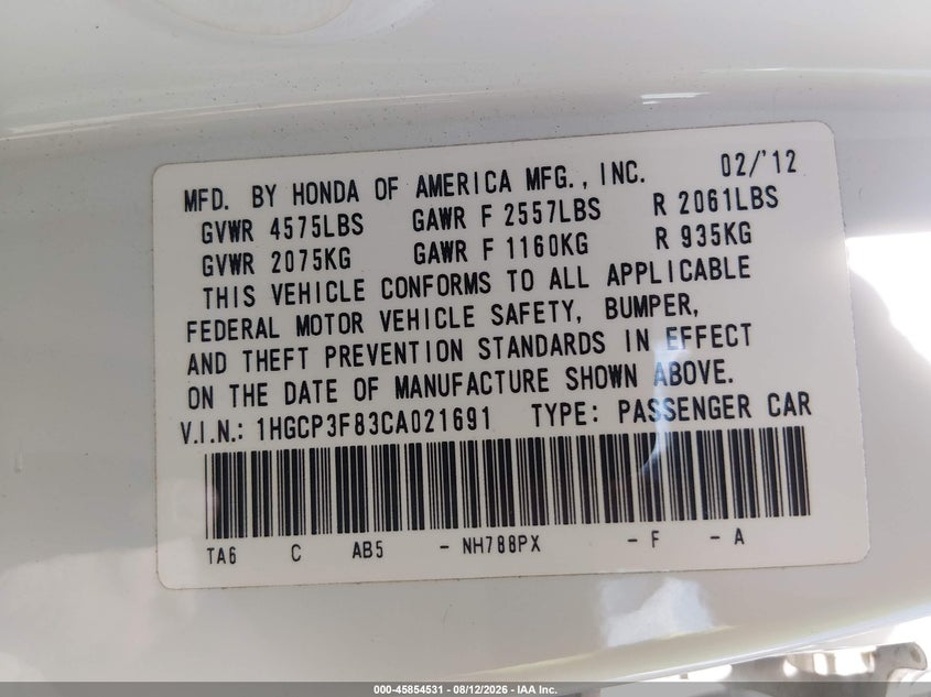 2012 HONDA ACCORD SEDAN 3.5L V-6 VVT, 271HP