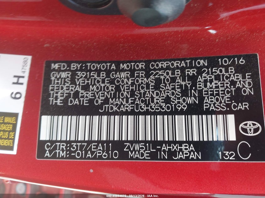 TOYOTA PRIUS 2017 VIN JTDKARFU3H3530199