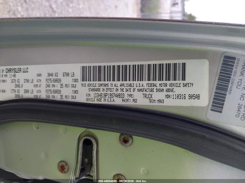 DODGE RAM 1500 2009 VIN 1D3HB18P19S740833