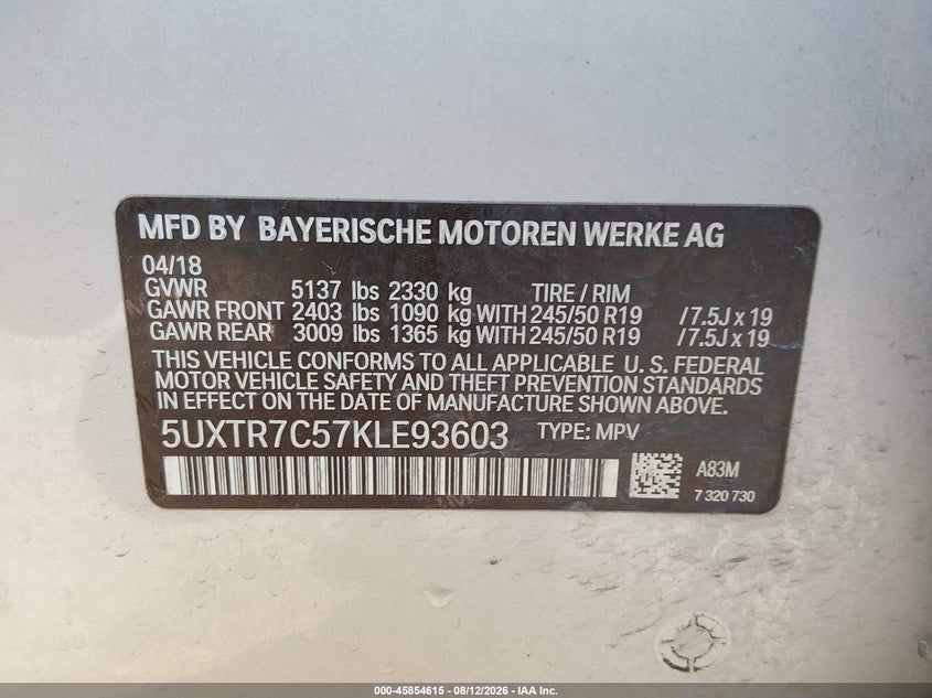 BMW X3 2019 VIN 5UXTR7C57KLE93603