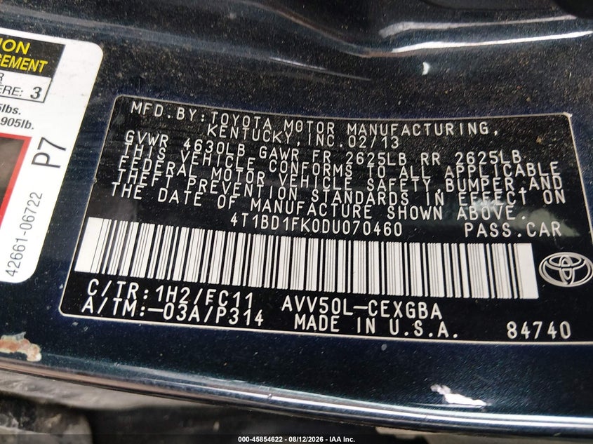 TOYOTA CAMRY HYBRID 2013 VIN 4T1BD1FK0DU070460