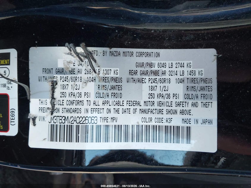 MAZDA CX-9 2010 VIN JM3TB3MV2A0226063