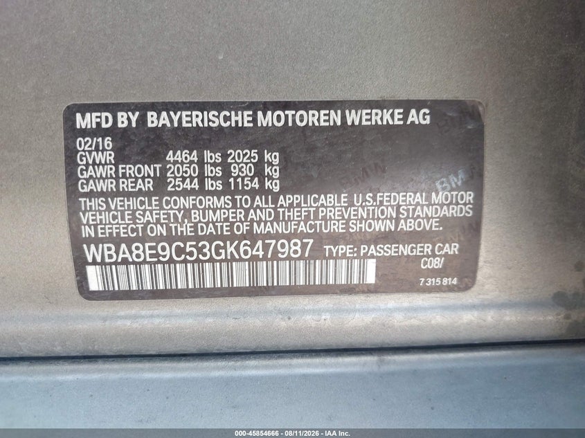 BMW 328I 2016 VIN WBA8E9C53GK647987