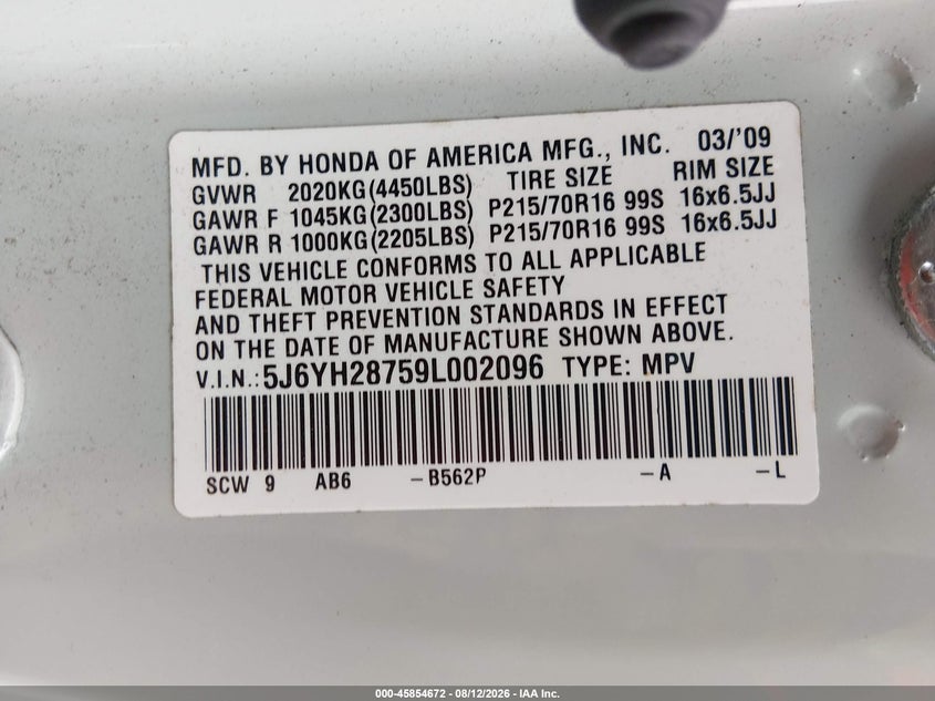 HONDA ELEMENT 2009 VIN 5J6YH28759L002096