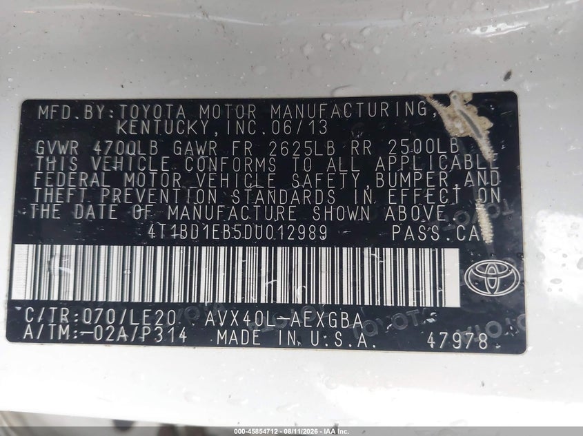 2013 TOYOTA AVALON SEDAN 2.5L I-4 DOHC, VVT, 156HP