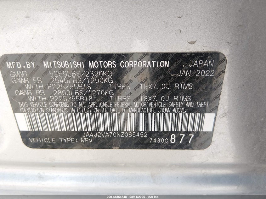 MITSUBISHI OUTLANDER PHEV 2022 VIN JA4J2VA70NZ065452
