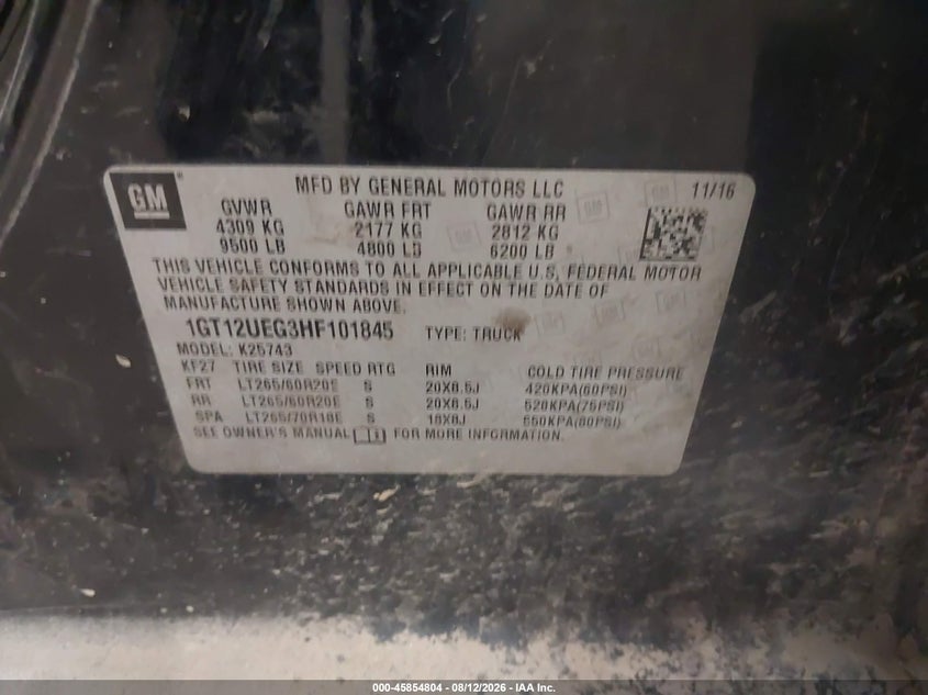 GMC SIERRA 2500HD 2017 VIN 1GT12UEG3HF101845