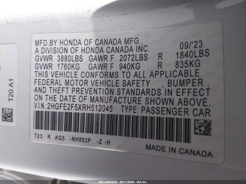 HONDA CIVIC 2024 VIN 2HGFE2F5XRH512045