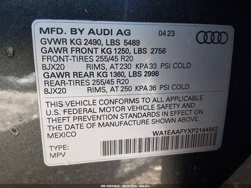 AUDI Q5 2023 VIN WA1EAAFYXP2144962
