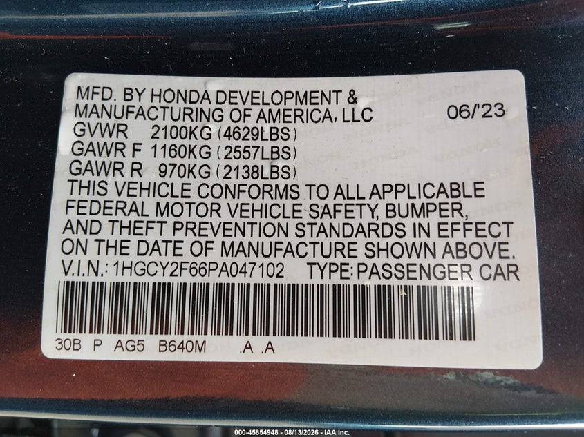 HONDA ACCORD HYBRID 2023 VIN 1HGCY2F66PA047102