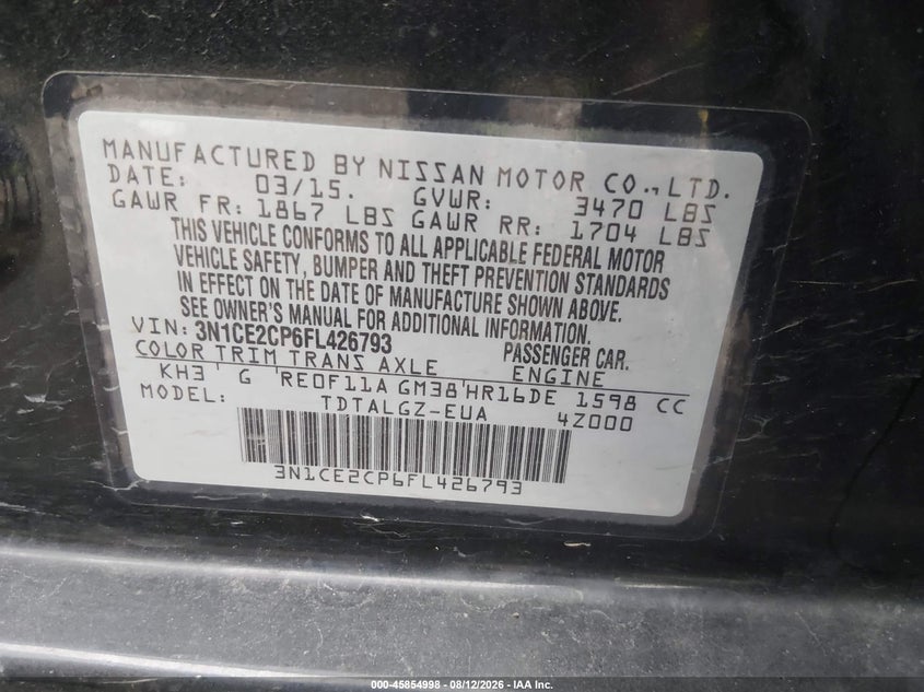 2015 NISSAN VERSA HATCHBACK 1.6L I-4 DOHC, VVT, 109HP