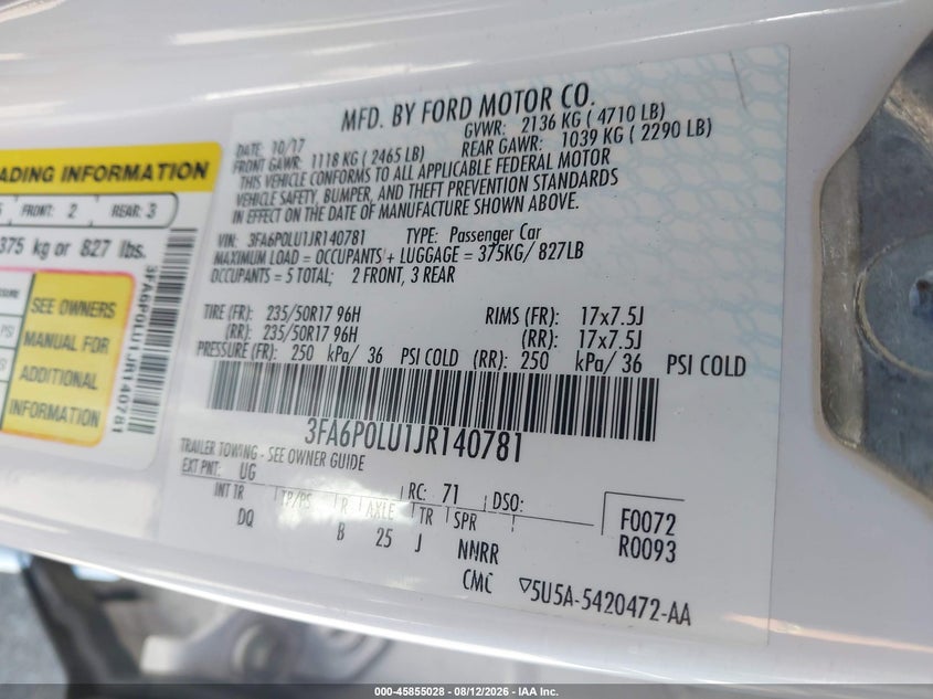 2018 FORD FUSION SEDAN 2.0L I-4 DOHC, VVT, 141HP