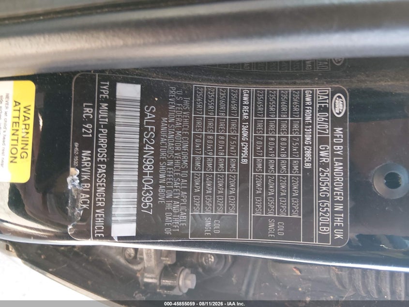 LAND-ROVER LR2 2008 VIN SALFS24N98H043957