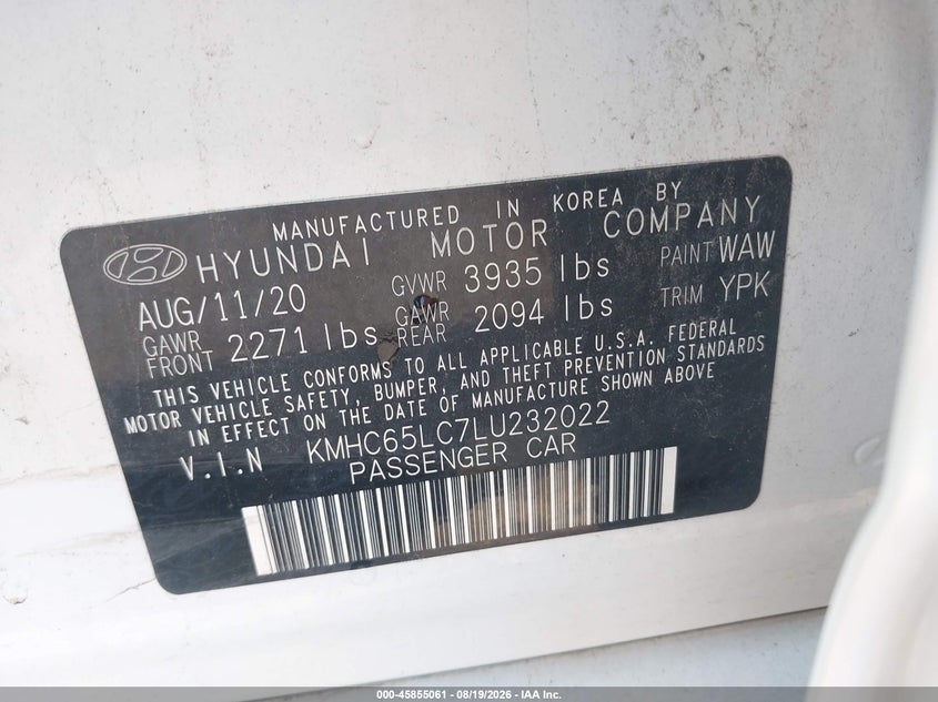 HYUNDAI IONIQ HYBRID 2020 VIN KMHC65LC7LU232022