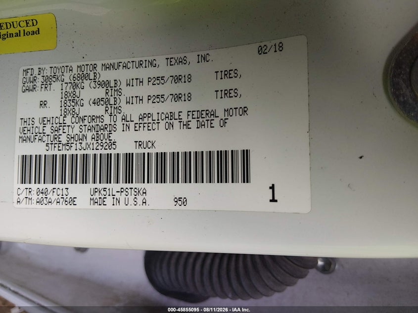 TOYOTA TUNDRA 2018 VIN 5TFEM5F13JX129205