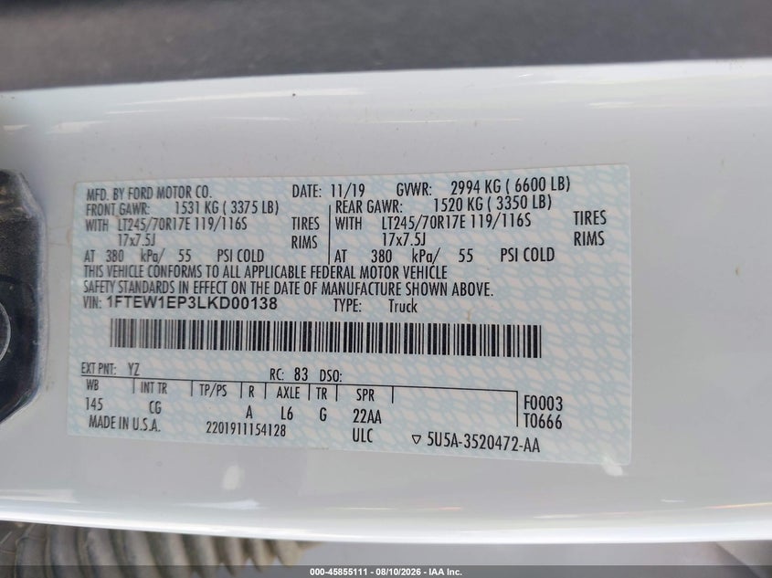 FORD F-150 2020 VIN 1FTEW1EP3LKD00138