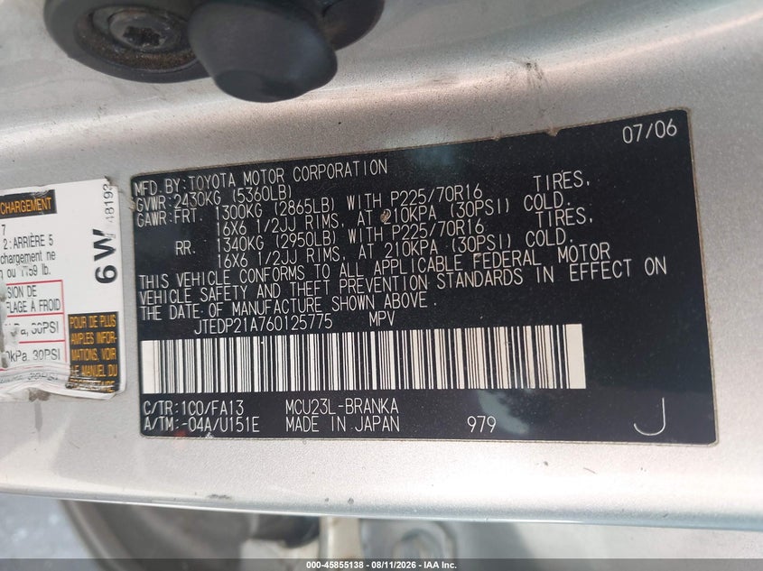 2006 TOYOTA HIGHLANDER SPORT UTILITY VEHICLE 3.3L V-6 DOHC, VVT, 215HP