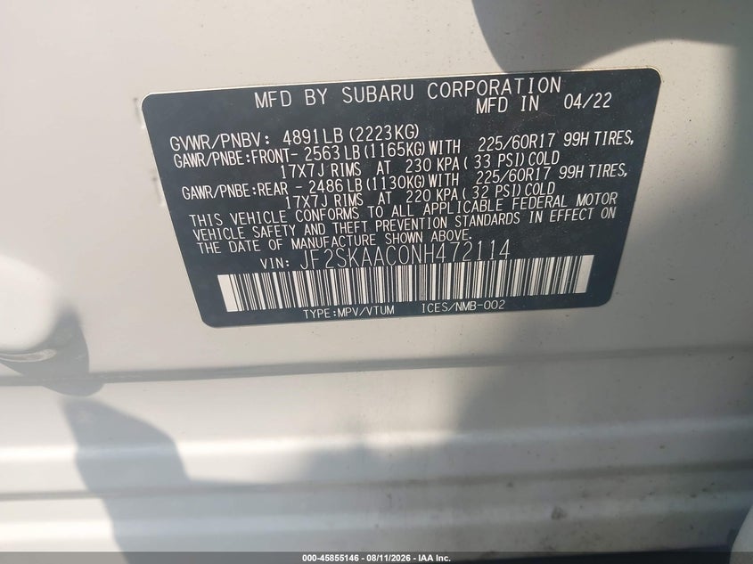 SUBARU FORESTER 2022 VIN JF2SKAAC0NH472114