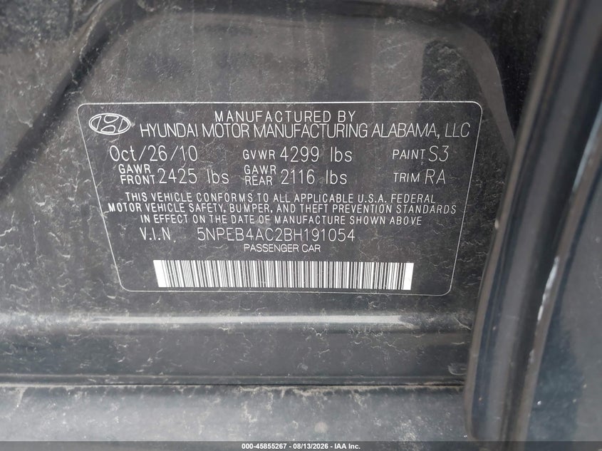 2011 HYUNDAI SONATA SEDAN 2.4L I-4 DI, DOHC, VVT, 190HP