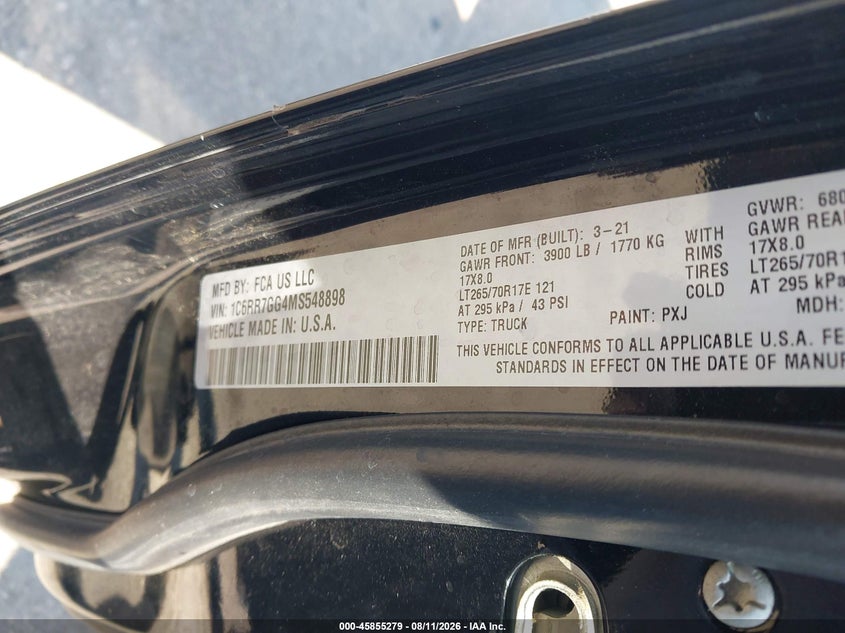 RAM 1500 CLASSIC 2021 VIN 1C6RR7GG4MS548898