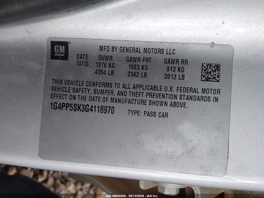 2016 BUICK VERANO SEDAN 2.4L I-4 DI, DOHC, VVT, 180HP
