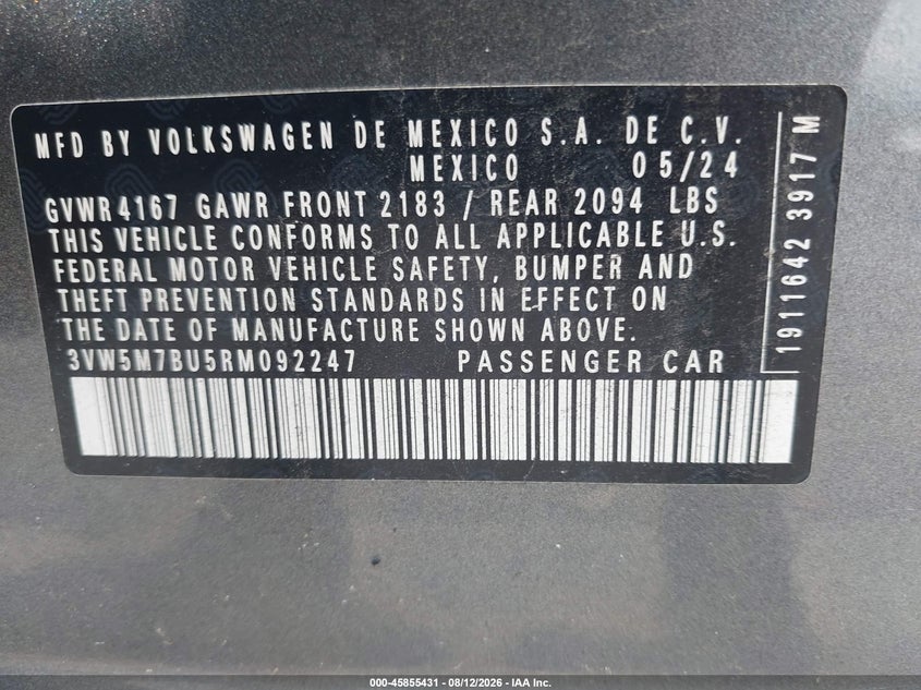 VOLKSWAGEN JETTA 2024 VIN 3VW5M7BU5RM092247