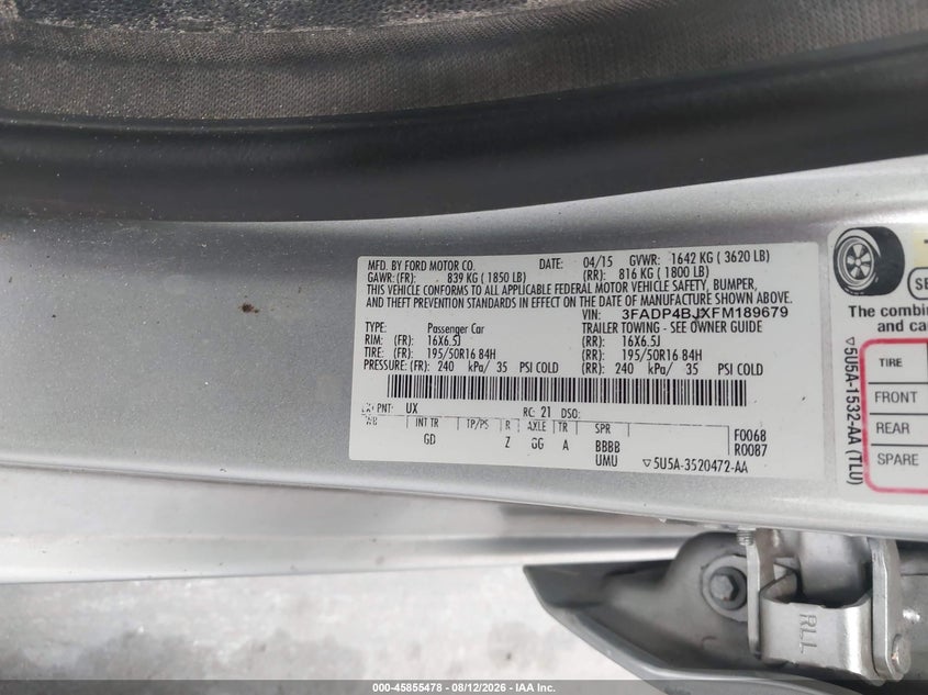 FORD FIESTA 2015 VIN 3FADP4BJXFM189679
