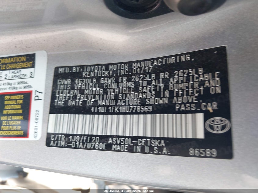TOYOTA CAMRY 2017 VIN 4T1BF1FK1HU778569
