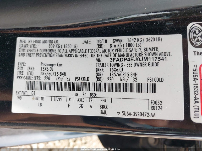 FORD FIESTA 2018 VIN 3FADP4EJ0JM117541