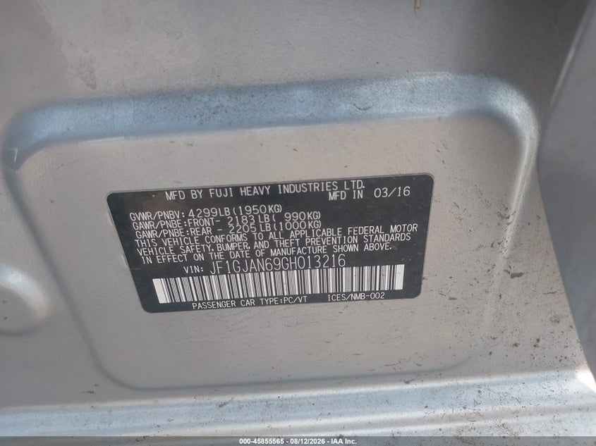 SUBARU IMPREZA 2016 VIN JF1GJAN69GH013216