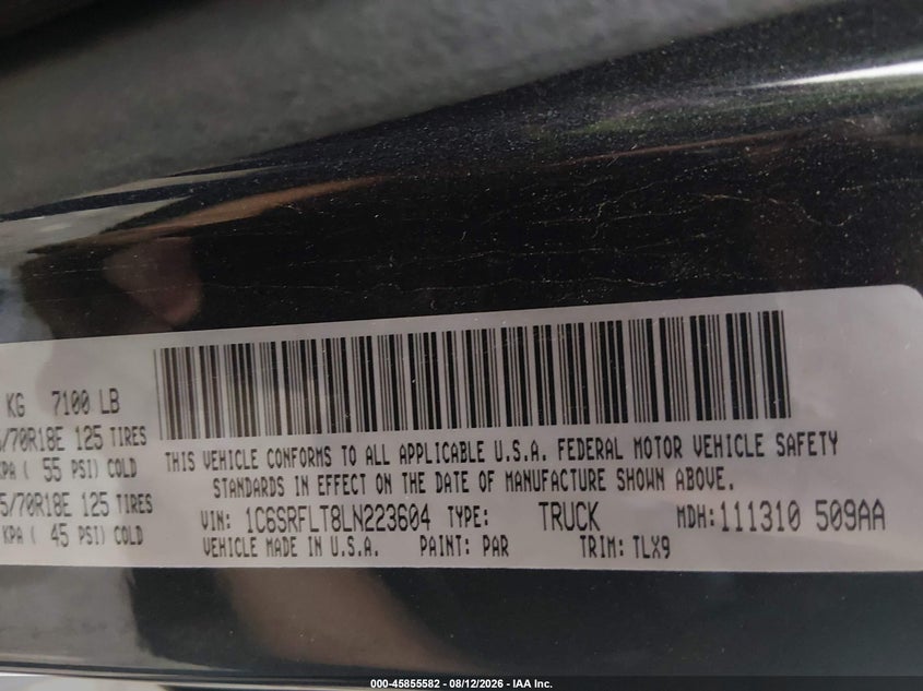 RAM 1500 2020 VIN 1C6SRFLT8LN223604