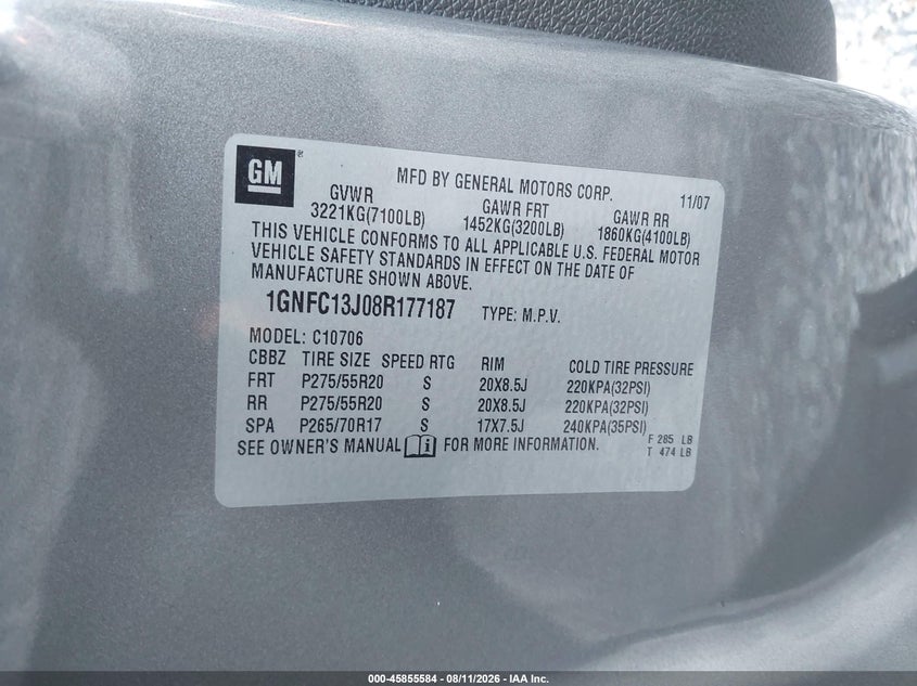 CHEVROLET TAHOE 2008 VIN 1GNFC13J08R177187