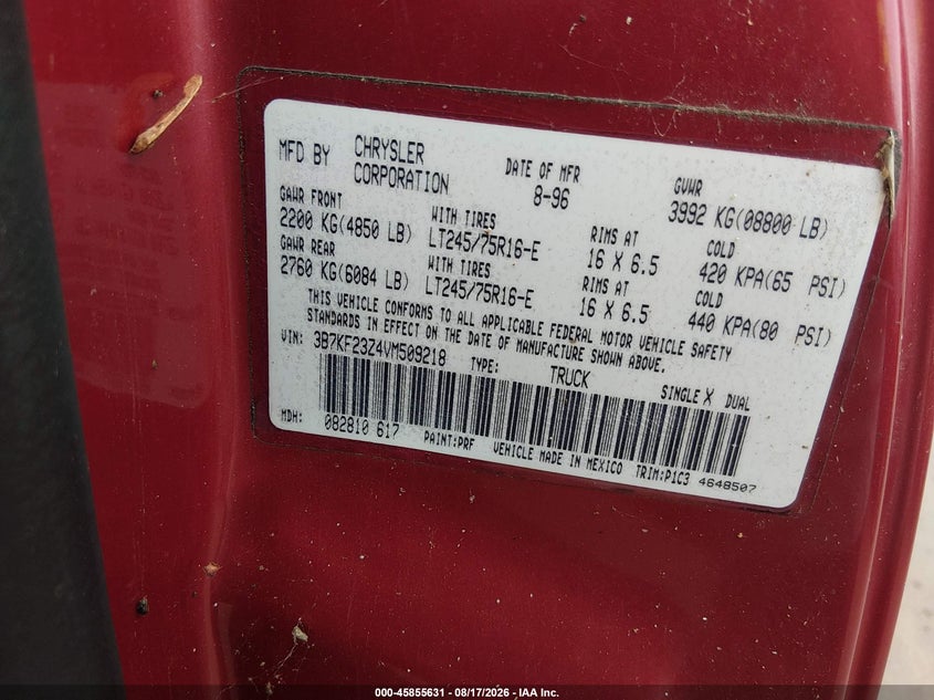 DODGE RAM 2500 1997 VIN 3B7KF23Z4VM509218